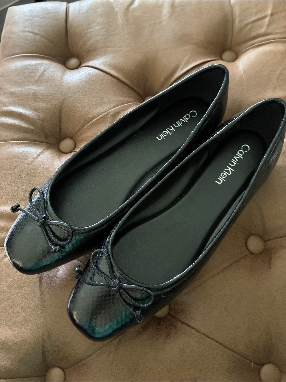 Calvin Klein Black Snake-Texture Ballet Flats with Bow